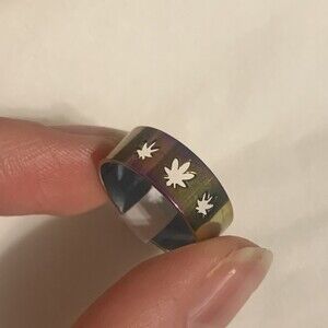 Unisex Stainless Steel Holographic Oil Spill Marijuana Weed Leaf Band Size 7